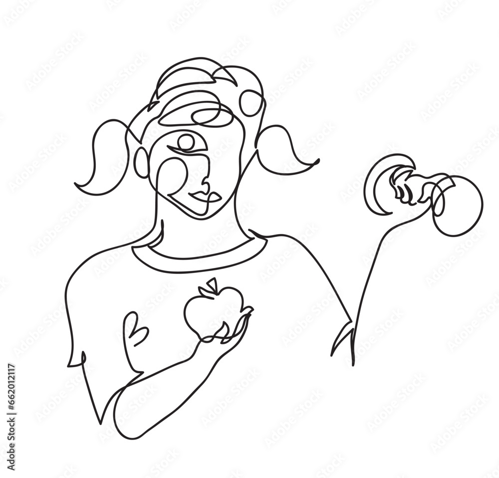 One line drawing of sporty child with apple and dumbbell
One continuous line drawing of young girl healthy life concept.
