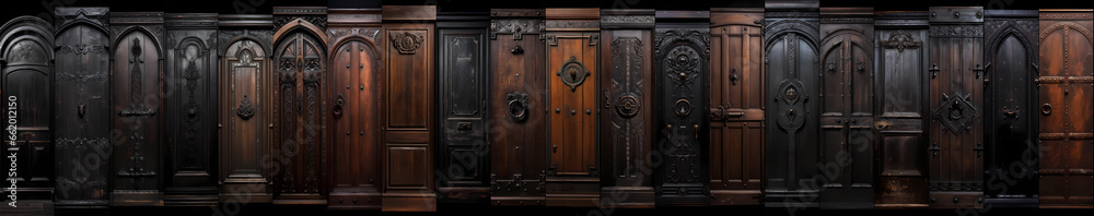 An ultra-wide collage of antique doors, where history, craftsmanship, and intricate designs converge in a mesmerizing panorama, showcasing the timeless beauty and stories behind each entrance An ultra-wide collage of antique doors, where history, craftsmanship, and intricate designs converge in a mesmerizing panorama, showcasing the timeless beauty and stories behind each entrance