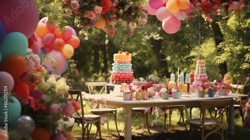 An outdoor birthday party set in a picturesque garden with blooming flowers and lush greenery. A table is filled with delectable sweets, surrounded by balloons and streamers.