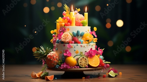 A birthday cake with a tropical theme, featuring exotic fruits and vibrant flowers. © Sajawal