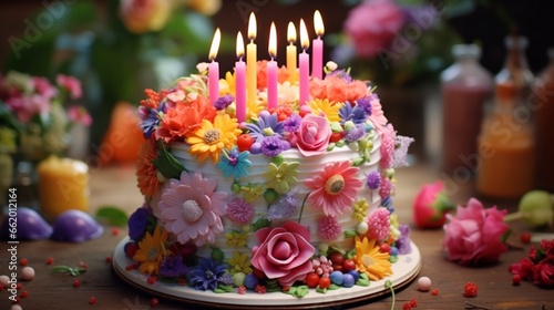 A birthday cake with layers of colorful frosting and edible flowers.