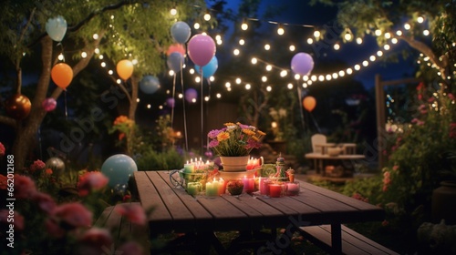 A backyard garden party with fairy lights, balloons, and a birthday cake on a table.