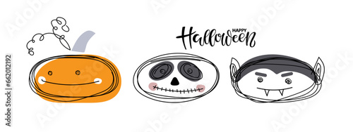Smiling Halloween characters. Happy Halloween handwritten calligraphy card. Halloween pumpkin, skeleton, vampire, anthropomorphic faces. Hand drawn sketch in doodle outline style. Funny vector print.
