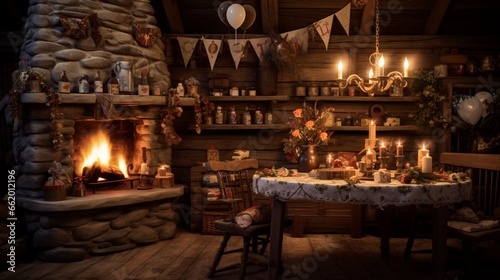 A birthday party set in a cozy cabin with a roaring fireplace and rustic decorations.