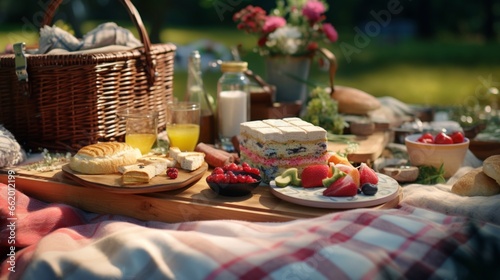 A birthday picnic with a checkered blanket, sandwiches, and refreshing beverages.