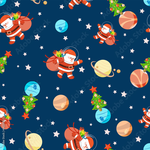 Seamless pattern. Santa Claus with presents flies in space between planets, stars and Christmas trees. Childish vector illustration for wrapping paper, fabrics, background.