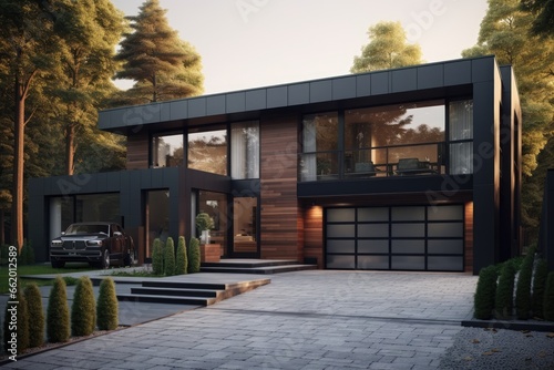 Sleek Black Modern Home Exterior at Dusk, Outdoor Lights Over Garage, Stone Driveway with Small Bushes, Car Parked in Front in Fall