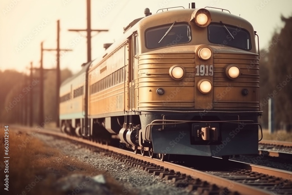 vintage gold train traveling slowly on tracks. Generative AI