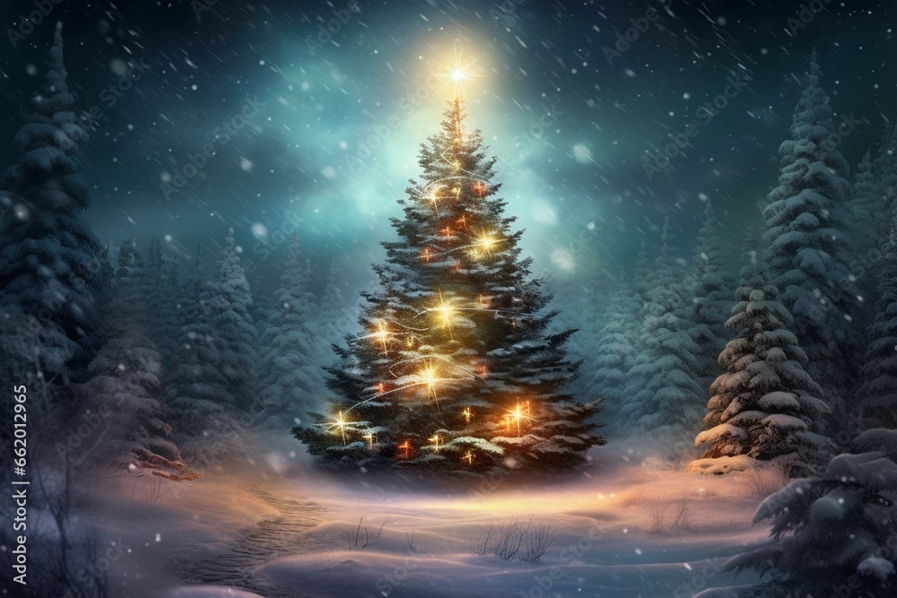 Glowing Christmas tree in a snowy winter forest. Generative AI