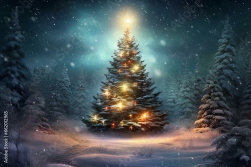 Glowing Christmas tree in a snowy winter forest. Generative AI © Sawyer