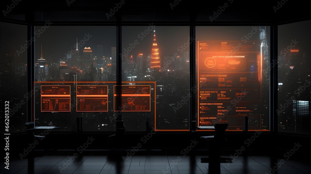 Modern office with orange-lit digital panels displaying data and graphics, with a breathtaking night view of the city skyline illuminated by floor-to-ceiling windows.