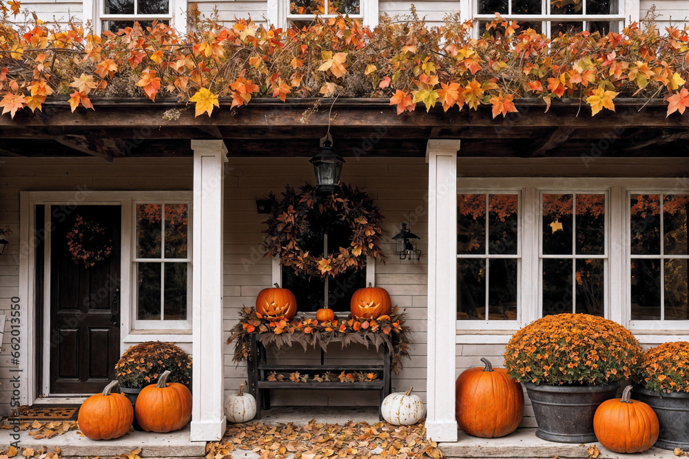 Obraz premium exterior of the old wooden house is decorated with harvest of pumpkins and leaves for halloween holiday, door and window, autumn nature as background