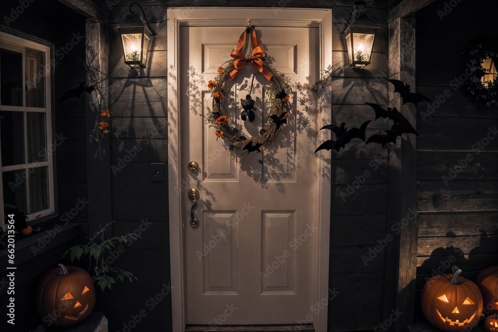 Obraz premium exterior of the old wooden house is decorated with harvest of pumpkins and leaves for halloween holiday, door and window, night and illumination