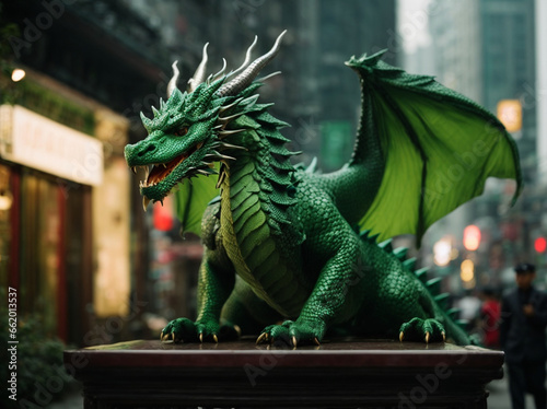 Chinese green wood dragon statue, symbol of the 2024 year © LisyLo