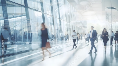 Blurred figures of professionals in motion within a modern building with large windows. The dynamic and bright atmosphere evokes the energy of corporate life in an urban environment.
