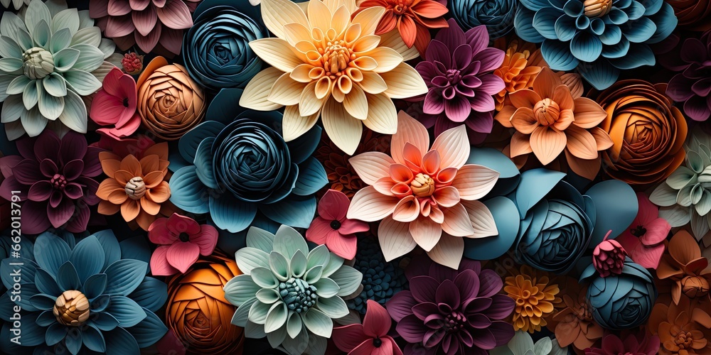 paper cut out flowers background, colorful summer or fall texture