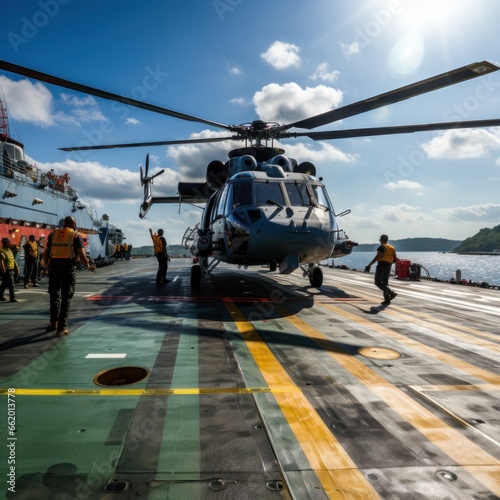 Helicopter landing on the deck of a ship