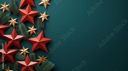 green firs and golden stars on red background