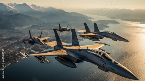 Fighter jets flying in formation over the ocean