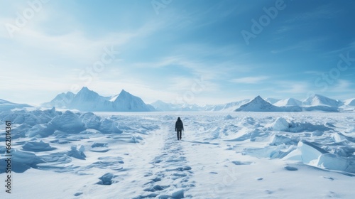 Lone explorer standing on vast ice floe © olegganko