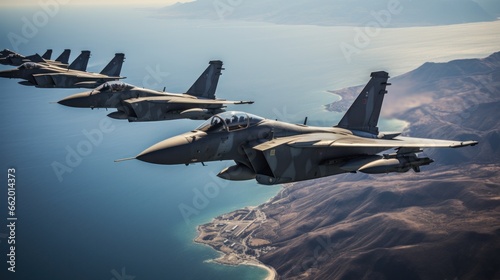 Fighter jets flying in formation over the ocean