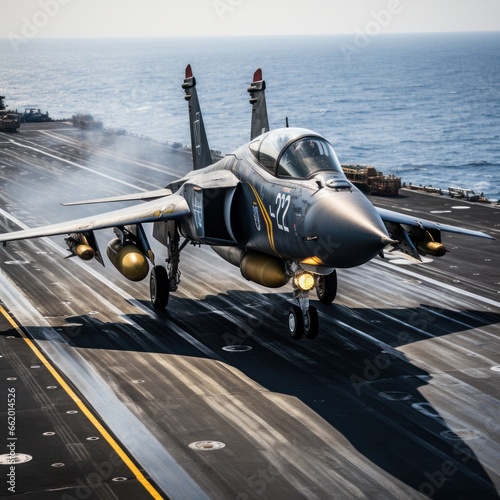 Fighter jet taking off from the deck of an aircraft carrier