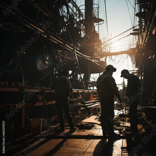 Crew members working on the deck of a battleship © olegganko