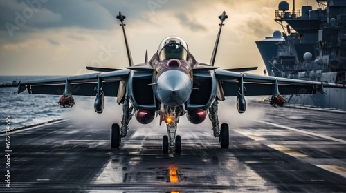 Fighter jet taking off from the deck of an aircraft carrier