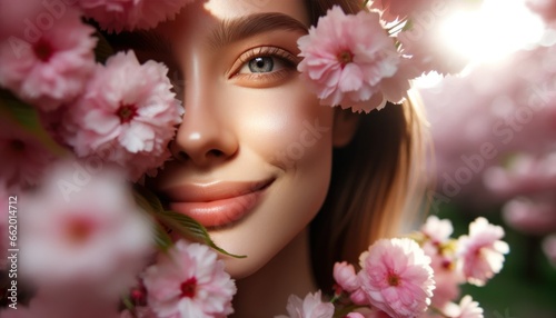 Close-up photo of a woman, her face gently illuminated by sunlight, softly smiling beneath a cascade of pink cherry blossoms. © PixelPaletteArt