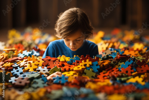 Little child with Autism Spectrum Disorder playing with jigsaw puzzle