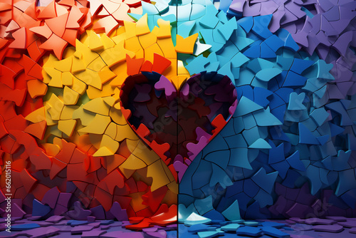 Creatively integrates puzzle pieces as a heart to symbolize Autism awareness and acceptance.