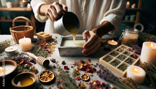 Close-up photo of hands carefully pouring melted wax into a mold, with various herbs and colorful dried flowers scattered around the workspace photo