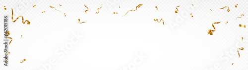 Confetti on a transparent background. Falling shiny golden confetti. Bright golden festive tinsel. Holiday design elements for web banner, poster, flyer, invitation. Vector	
