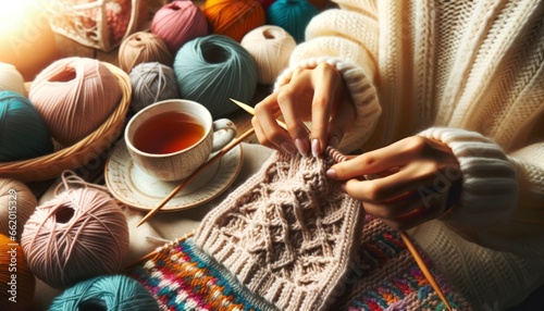 Close-up photo of dexterous hands knitting a beautiful pattern, with an array of vivid yarns and a cup of tea on a side table. photo
