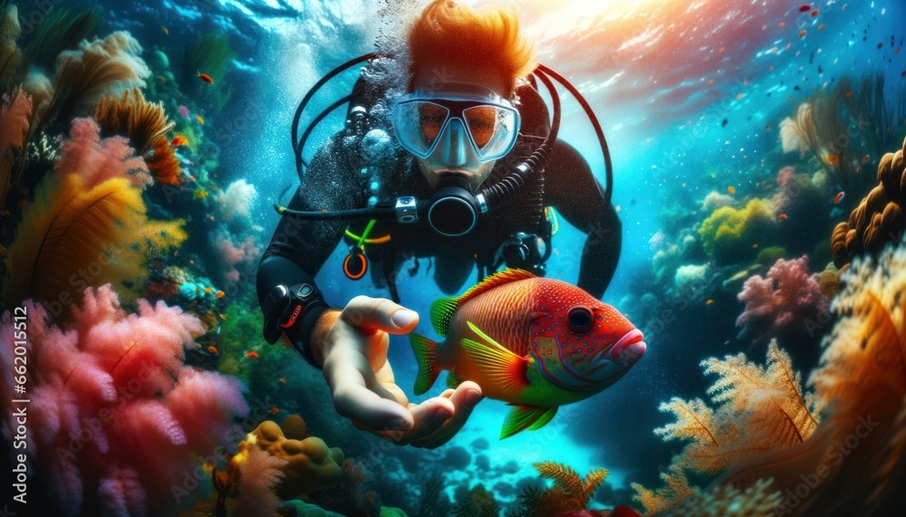 Close-up photo of a diver, fully equipped with scuba gear, submerged under the ocean. Close-up photo of a diver, fully equipped with scuba gear, submerged under the ocean.