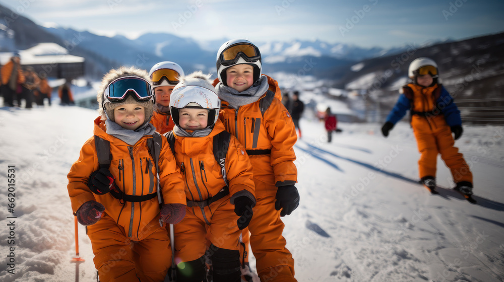 Group of children wear orange uniform skiing in the mountains on a sunny winter day.