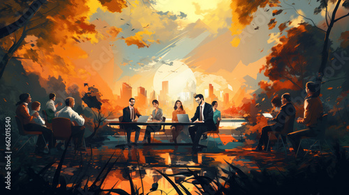 Illustration of business people meeting in the park.