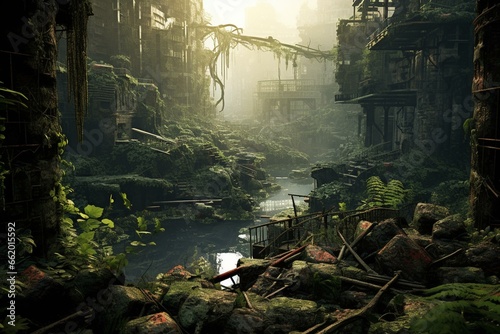 Illustration depicting abandoned places overgrown with jungle after an apocalypse. Generative AI