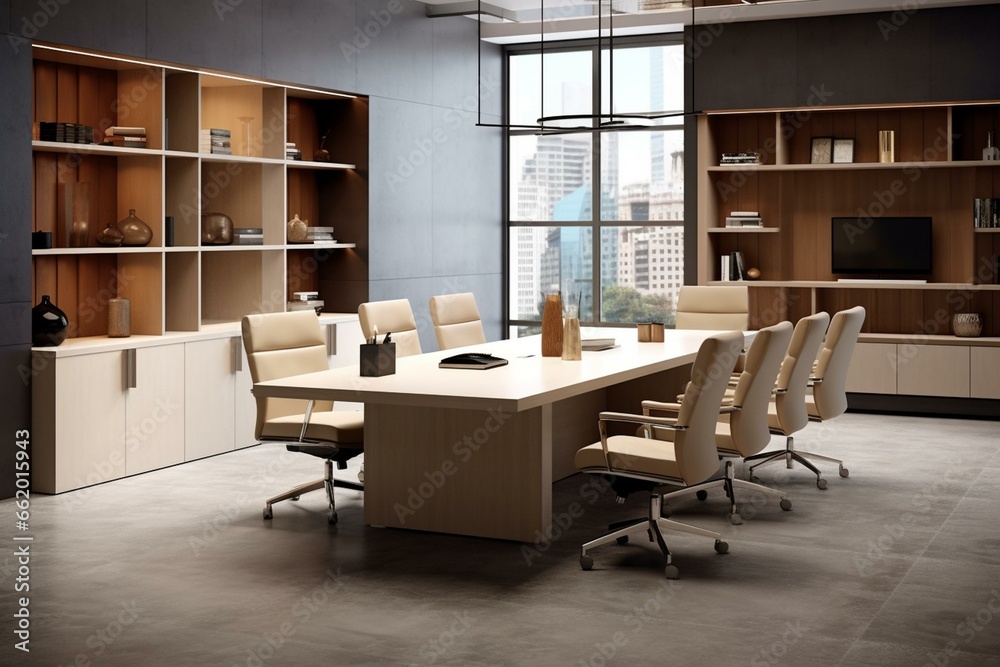 Contemporary corporate office with conference table and storage for files. Generative AI