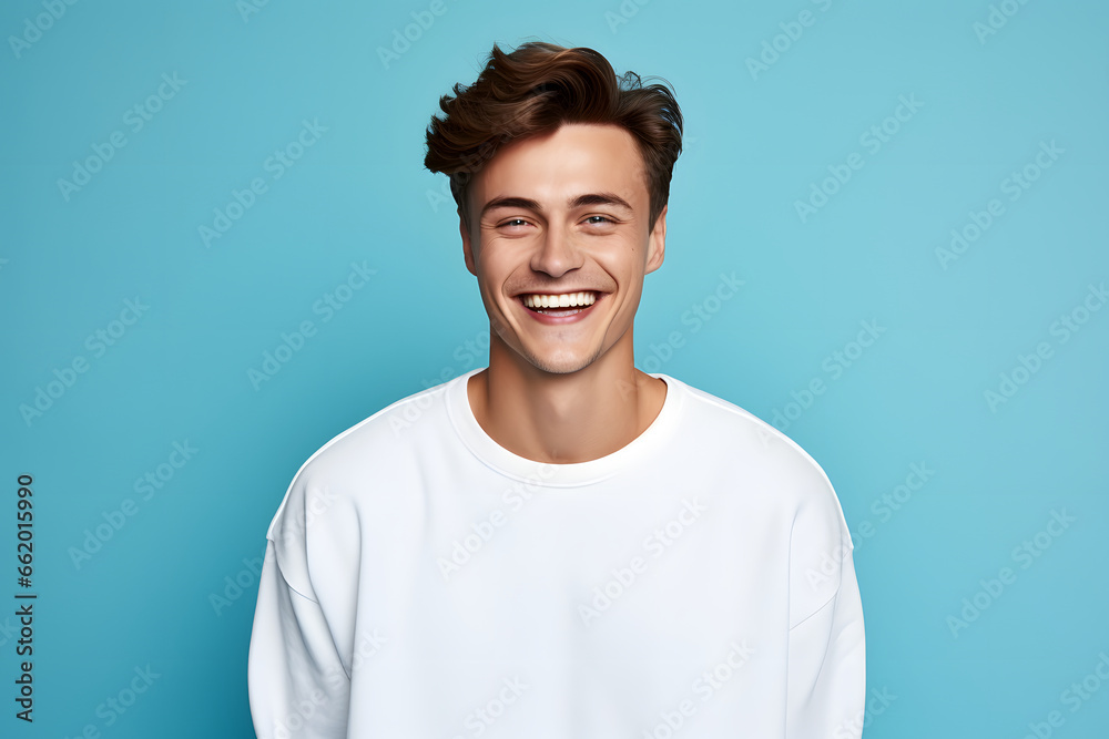 Man in white mockup sweater standing in light blue studio background Man in white mockup sweater standing in light blue studio background