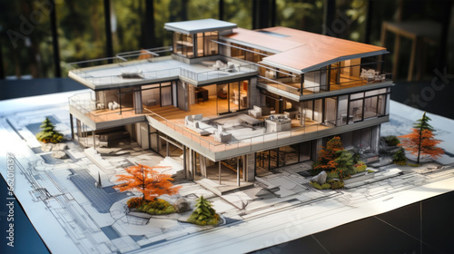 House miniature model on a construction project blueprint