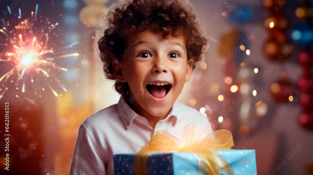 Excited child opening a brightly wrapped birthday present.