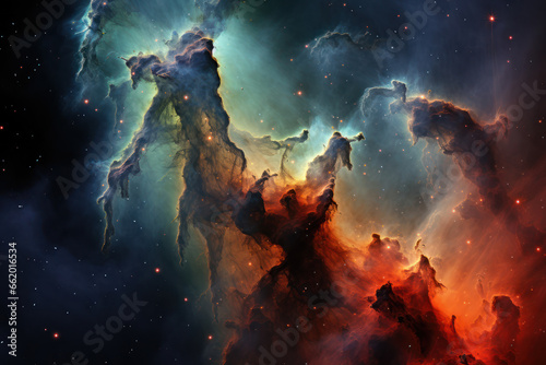 An image of the Pillars of Creation in the Eagle Nebula  highlighting the birth and evolution of stars. Concept of stellar nurseries. Generative Ai.