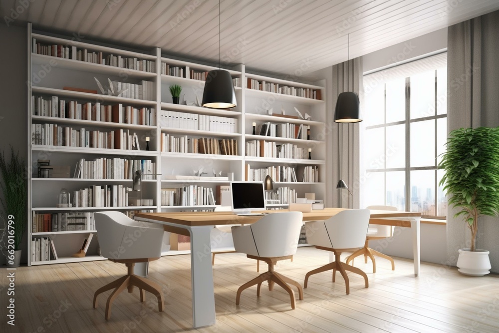Contemporary coworking office with white mock up place, furniture, bookcase, and equipment. 3D rendering. Generative AI