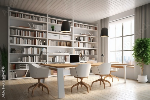 Contemporary coworking office with white mock up place  furniture  bookcase  and equipment. 3D rendering. Generative AI
