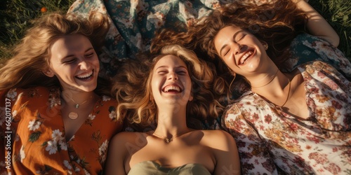 View of Three Friends on Picnic Blankets, Capturing the Essence of Carefree Bonding, Laughter, and Pure Enjoyment in a Relaxing Picnic Setting