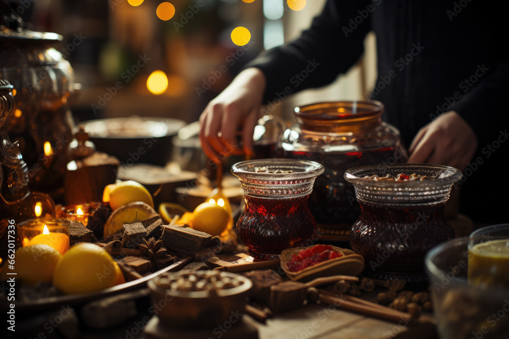 A group of friends preparing traditional Swedish mulled wine, known as "glogg," for a St. Lucia's Day celebration. Generative Ai. - obrazy, fototapety, plakaty 