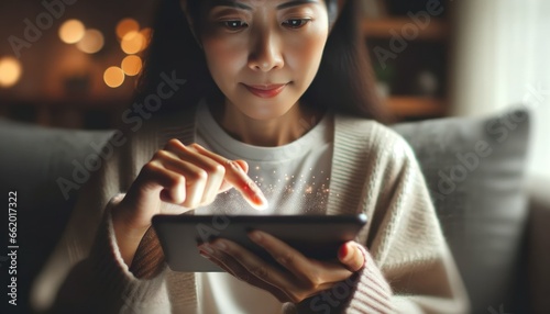 Close-up photo of a woman in a relaxed posture, deeply engrossed in online shopping on her tablet.