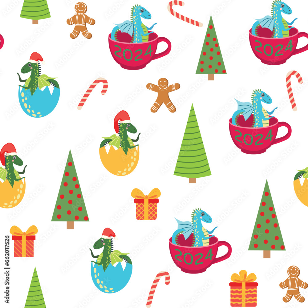 Naklejka premium Seamless pattern with cute dragons Christmas design. Chinese New Year background with dragons for 2024