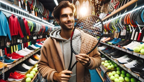 Close-up photo of a man, intently examining a tennis racket in his hands, with shelves filled with various sports equipment around him.